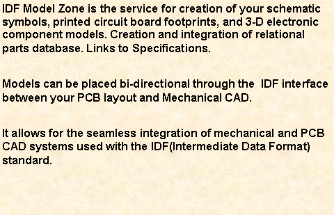Text Box: IDF Model Zone is the service for creation of your schematic symbols, printed circuit board footprints, and 3-D electronic component models. Creation and integration of relational parts database. Links to Specifications.Models can be placed bi-directional through the  IDF interface between your PCB layout and Mechanical CAD.It allows for the seamless integration of mechanical and PCB CAD systems used with the IDF(Intermediate Data Format) standard.